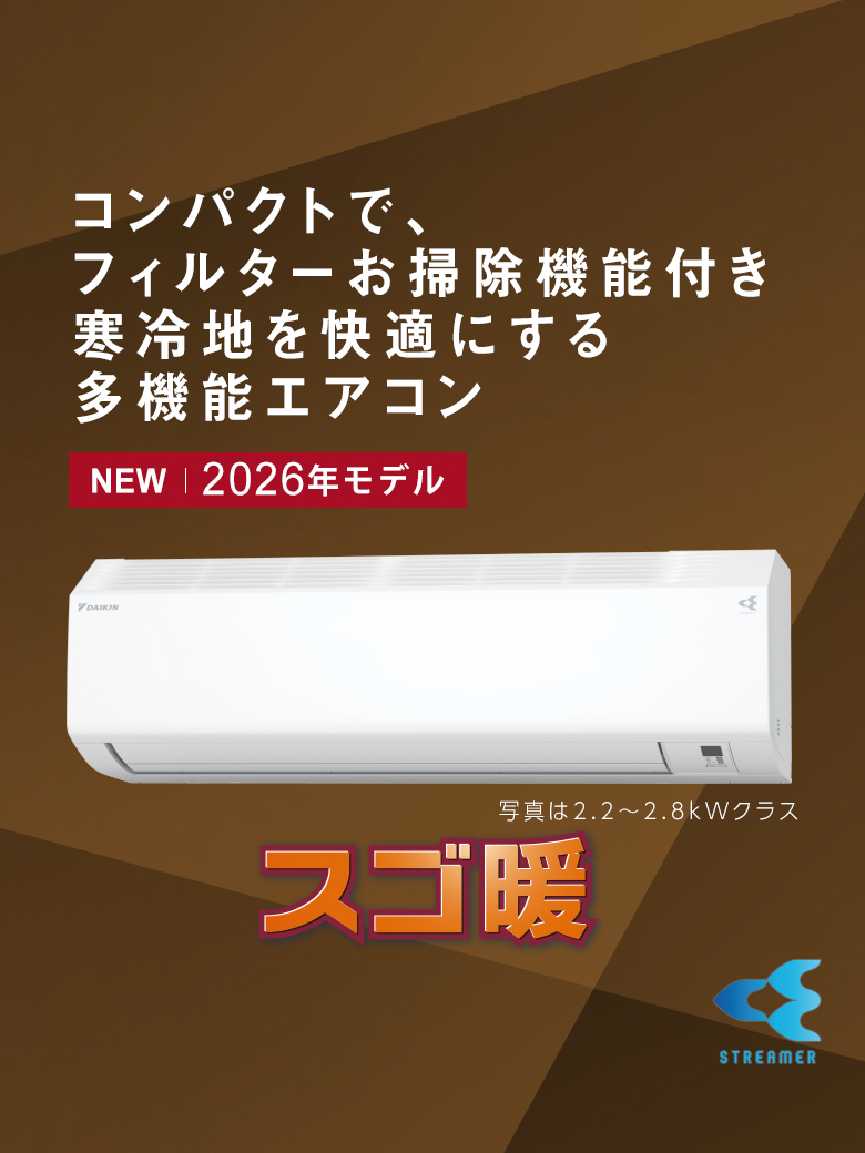 コンパクトで、フィルターお掃除機能付き。寒冷地を快適にする多機能エアコン
